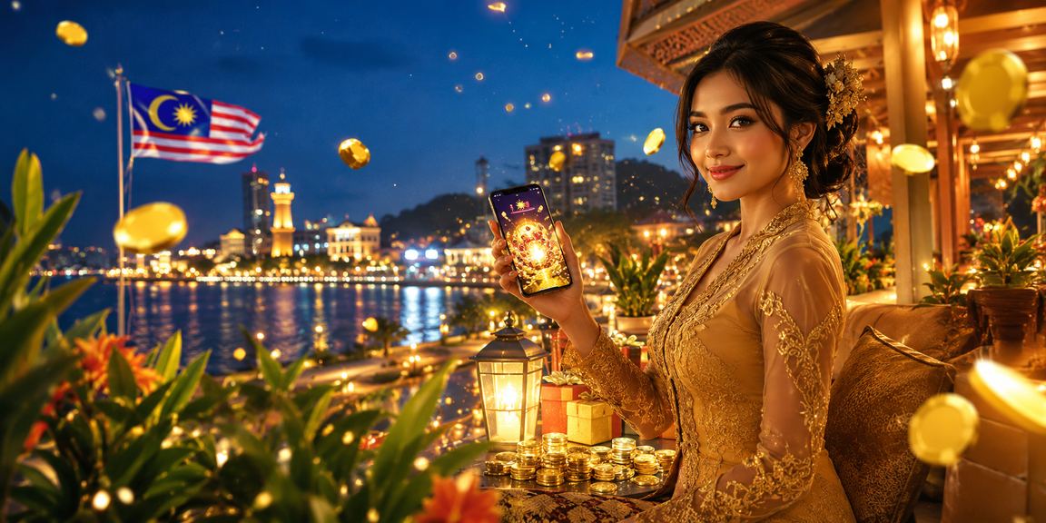 Paparan slot permainan pada telefon pintar dengan latar belakang tema kebaya Malaysia